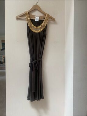 Sleeveless Deep olive khaki Dress with Gold Embellished Neckline